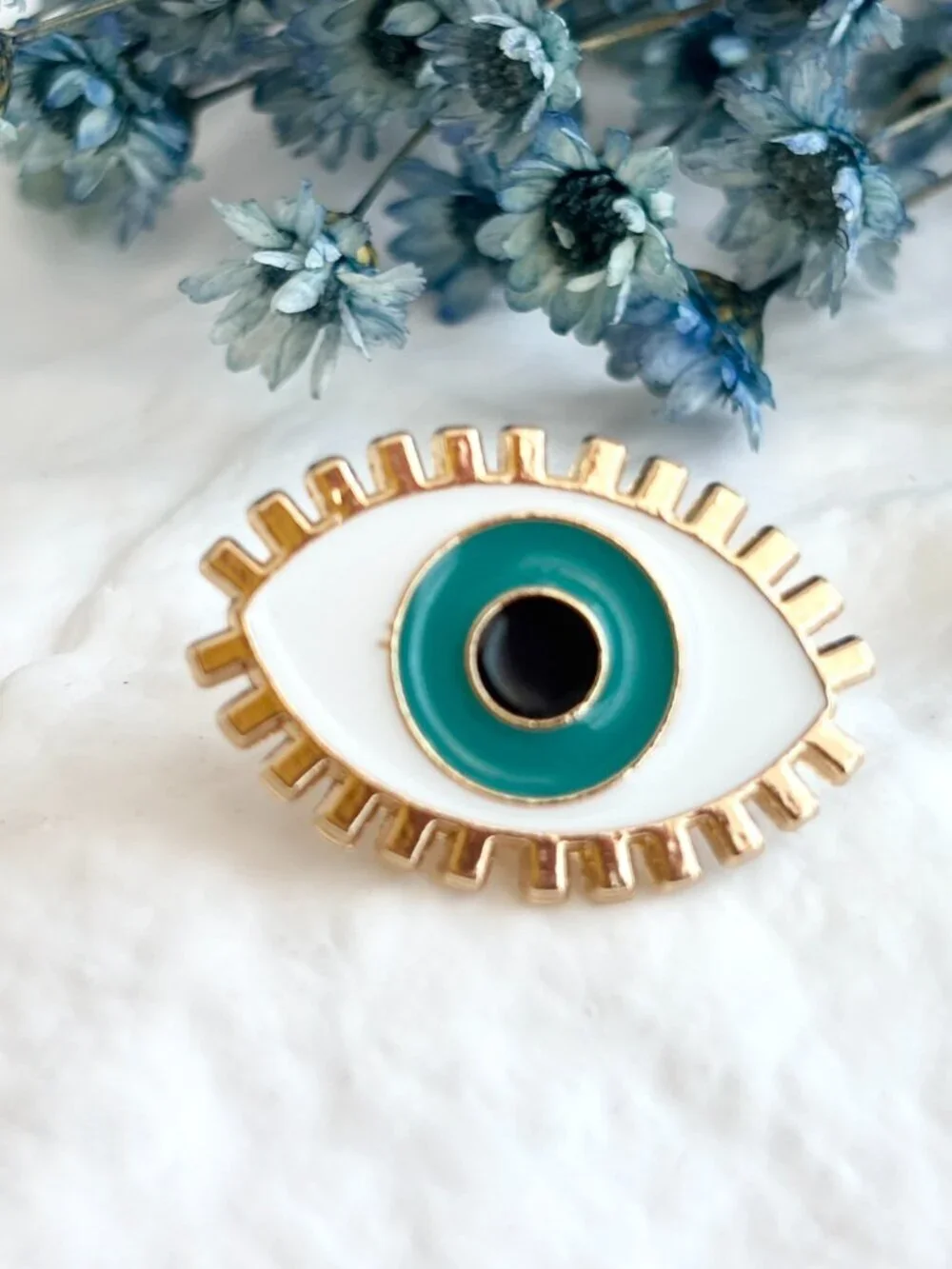 Evil Eye Enameled Blue Eye Good Luck Mati Shield Gold Toned Brooch Lapel Pin